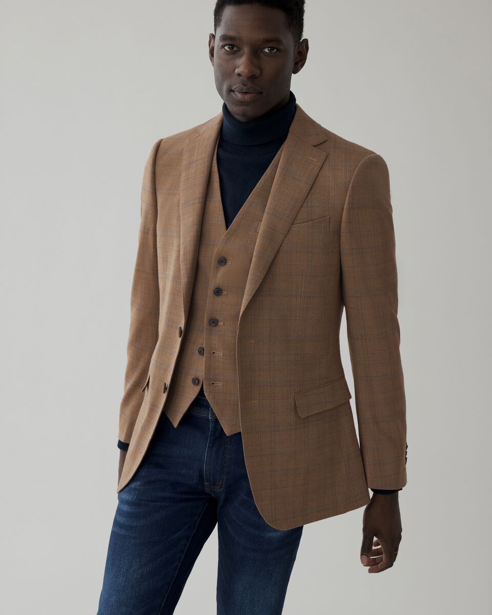 Slim Stretch Wool Blend Check Tailored Blazer